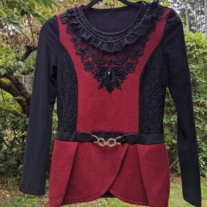 Red and Black Decorative Lace Ruffle Embellished Top